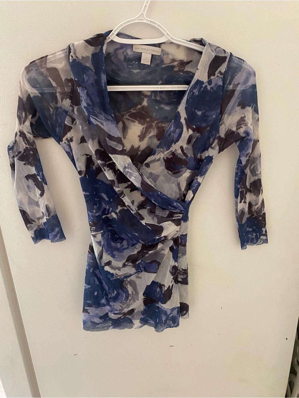 New York & Company Navy and White Floral Mesh Blouse